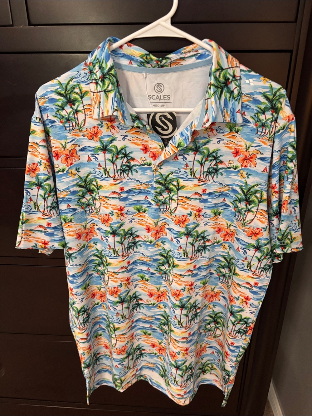 Scales Blue Tropical Print Polo with Orange Floral Accents